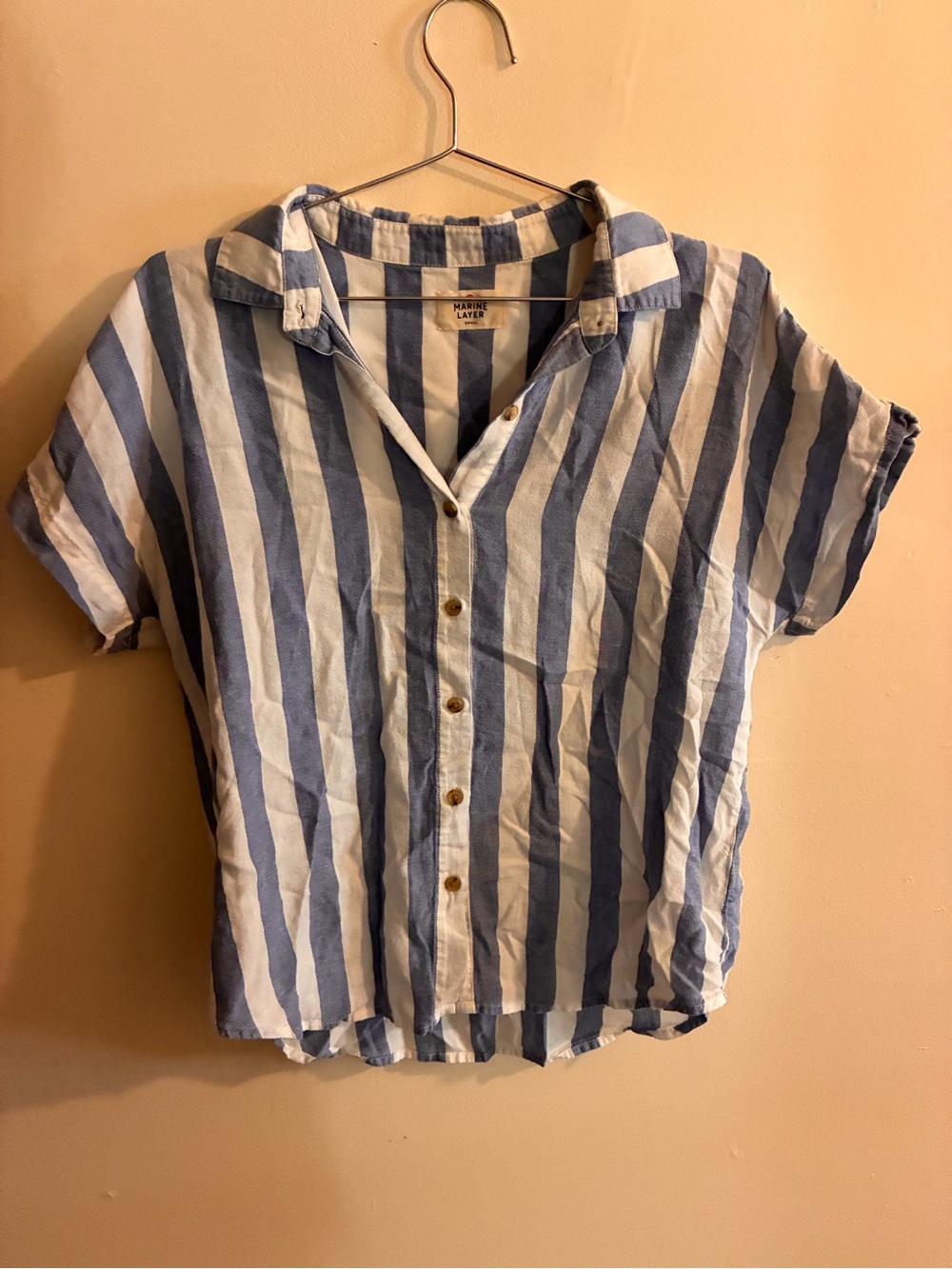 Marine Layer White & Blue Vertical Stripe Short-Sleeve Button Shirt